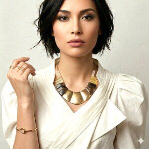 Y2K Bib Statement Necklace Gold Tone Faux & Real Stone Beads Bold 80's 90's